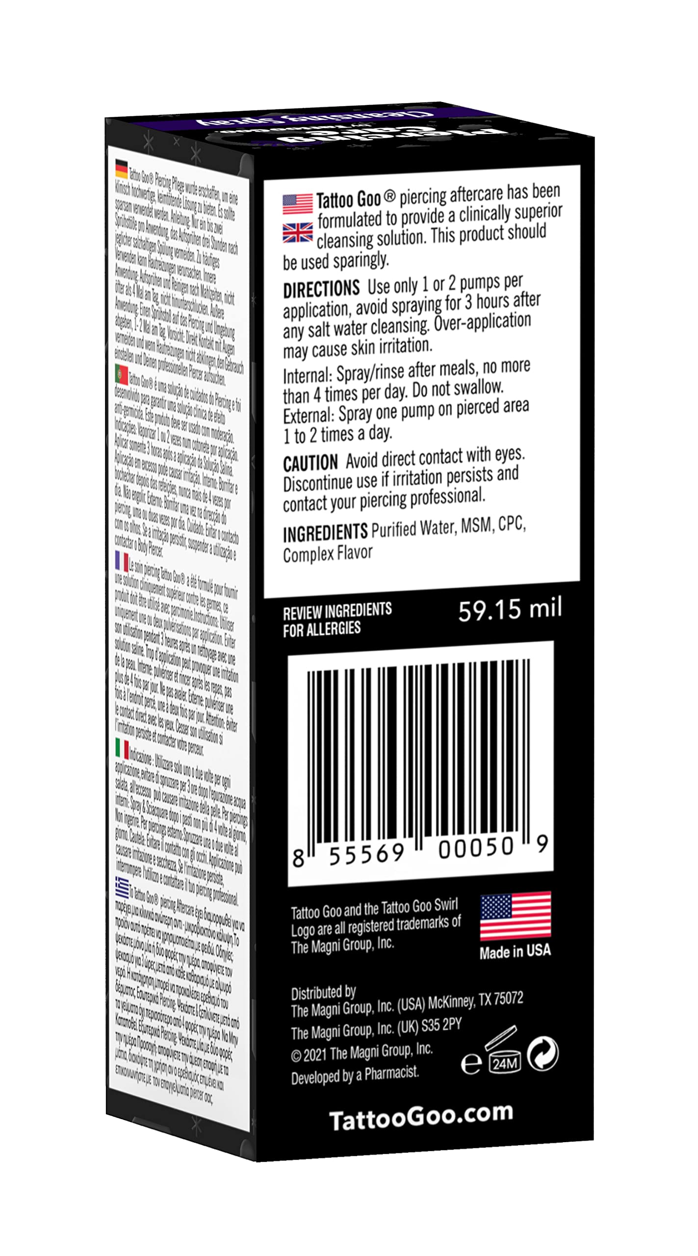 Tattoo Goo Piercing Care Cleansing Spray, Piercing Aftercare Spray, Antiseptic Spray for Oral and Dermal Piercings, Sodium & Alcohol-Free, Peppermint Flavor - 2 oz