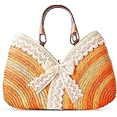 QTKJ Beach Bag, Tote Bag for Women, Lace Bow Handmade Straw Bag, Bamboo Carrying Handle, Handbag Suitable for Vacation Travel Daily Matching(Orange)