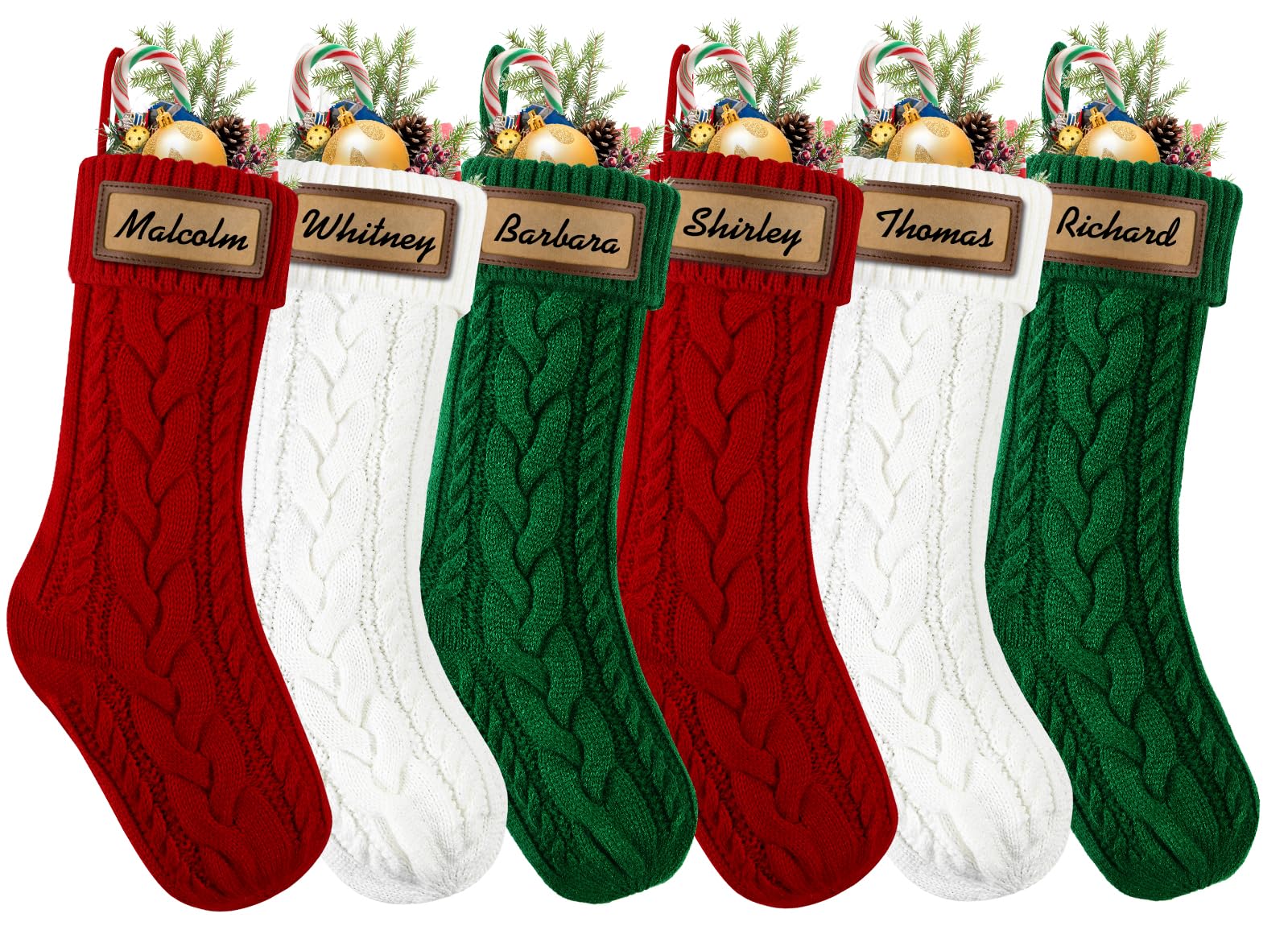 Photo 1 of (missing patches_) XOYTN 5pack Christmas Stockings, 18inch Large Personalized Cable Knitted Xmas Hanging Stocking Decorations (Red Green White)