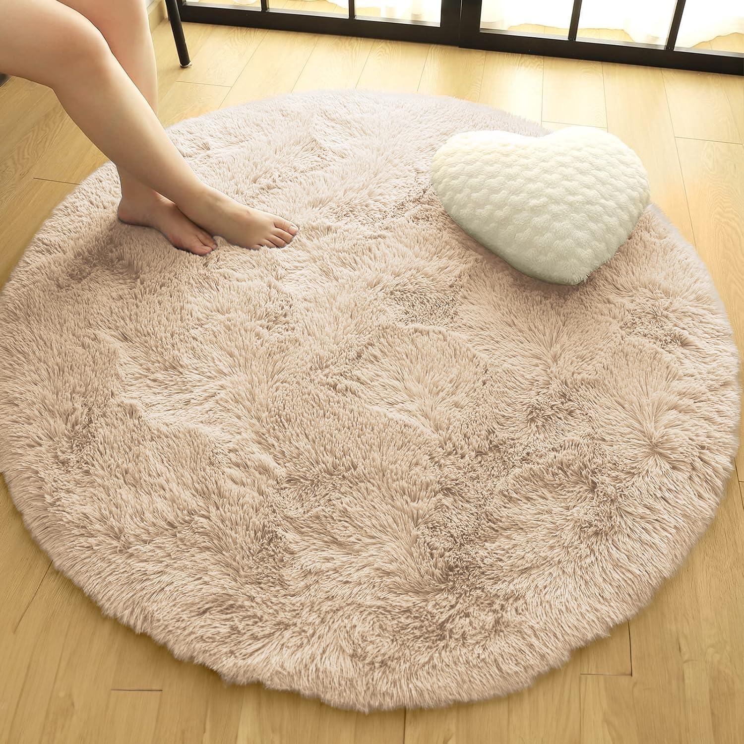 Oxford Homeware Round Rugs Living Room 120x120 cm – Fluffy Shaggy Beige Area Rugs for Bedroom, Lounge – Modern Super Soft Non Slip Rug Washable Floor Carpets Bedside Rug for Kid Room