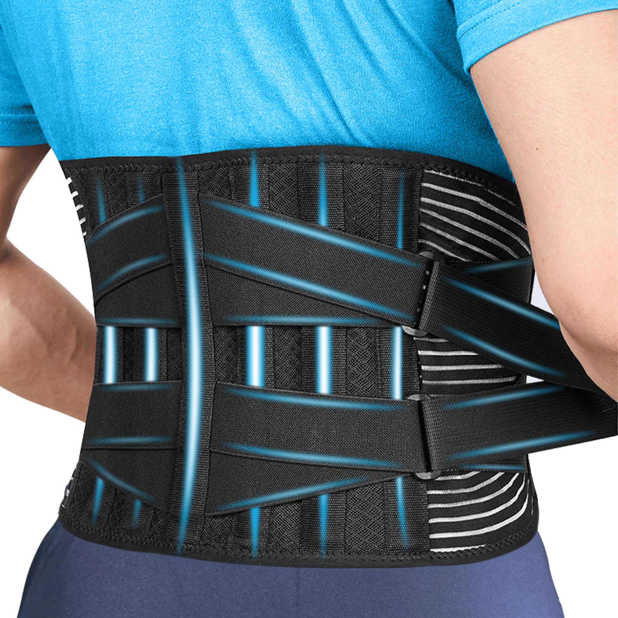 Prestel Lower Back Support Belt for Men and Women, Back Brace for Back Pain Relief with 6 Stays, Breathable Waist Support with Dual Adjustable Straps (L / 30-35 Inches)