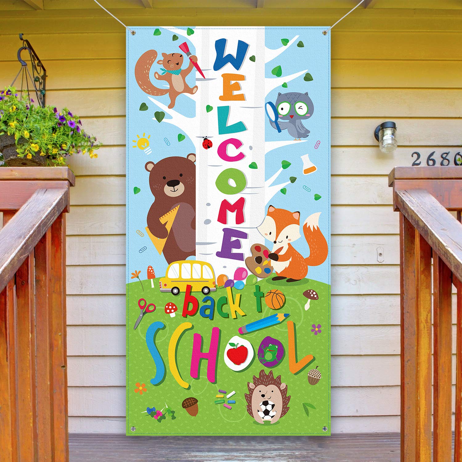 Welcome Banner, First Day of School Door Cover Woodland Animal Friends Photo Backdrop for Classroom School Party Decorations Supplies with Rope