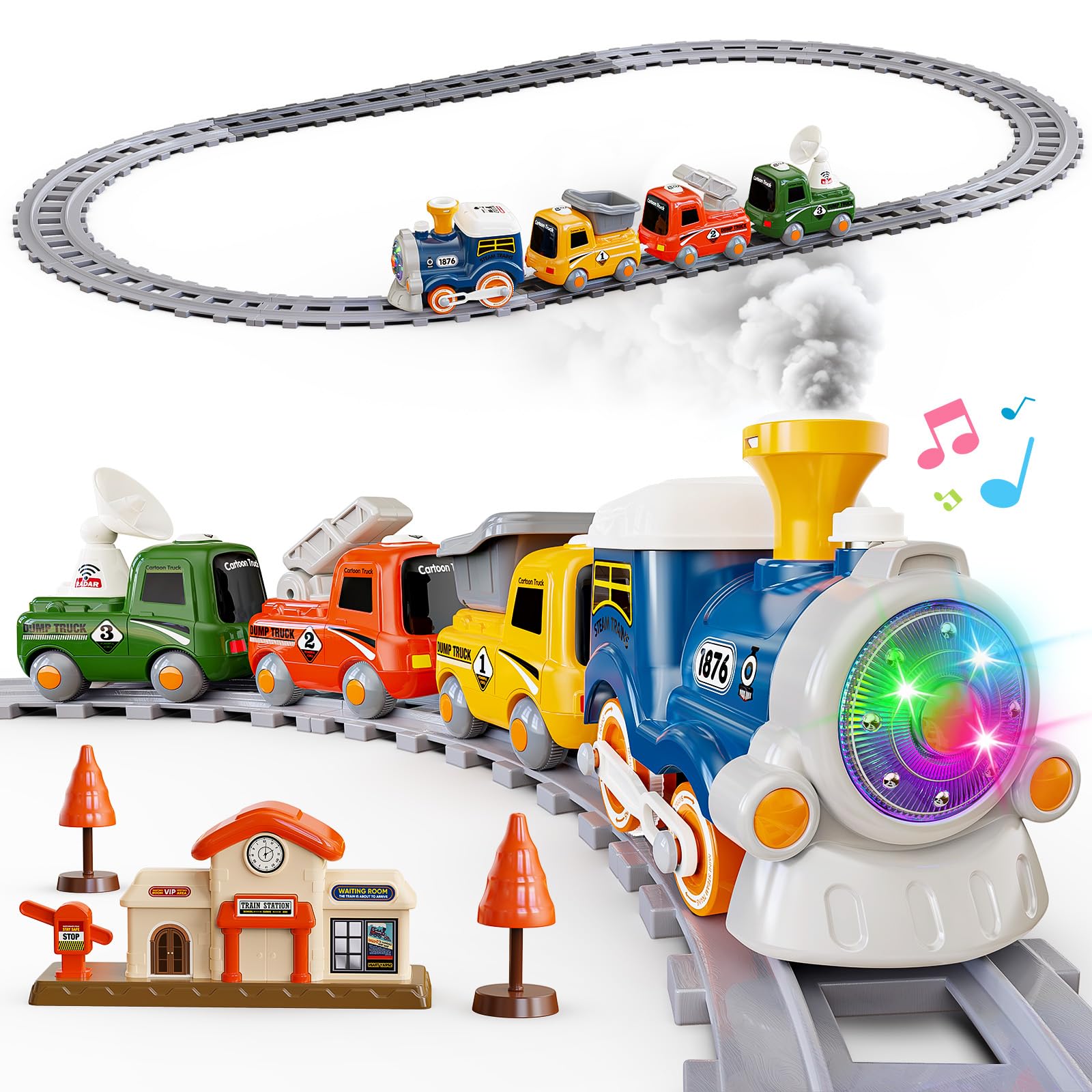 Hot Bee Electric Train Track Set for Kids – Toddler Train Set with Magnetic Trains & Tracks, Battery Powered Locomotive with Steam, Sound & Light, Train Set for 3 Year Old Boys & Girls