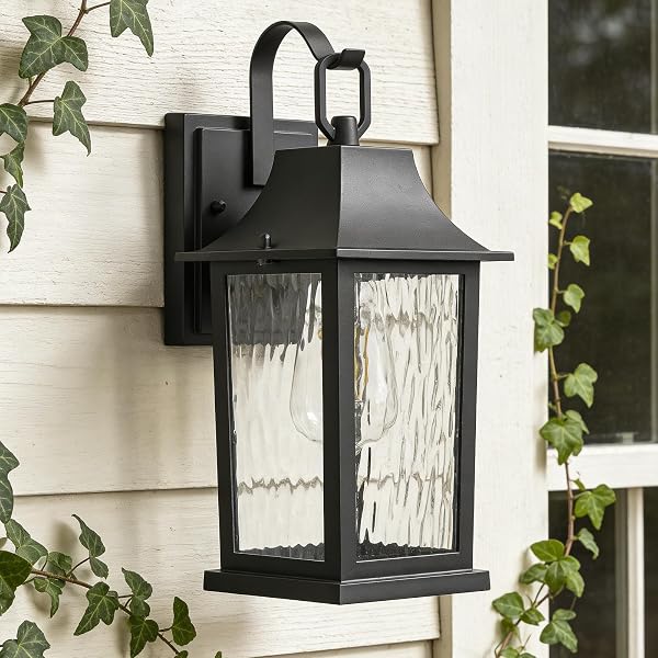 JAFINOU 2-PACK 13” MATTE BLACK OUTDOOR WALL SCONCE, RUSTPROOF ALUMINUM PORCH LIGHT WITH WATER PATTERN GLASS, EXTERIOR LIGHTING FOR PATIO HOUSE GARAGE