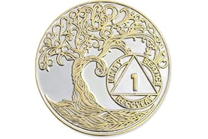1 Year XL 40mm Nickel & Gold Plated AA Coin - Sobriety Mint Twisted Tree of Life Recovery Medallion/Chip - Silver/Gold