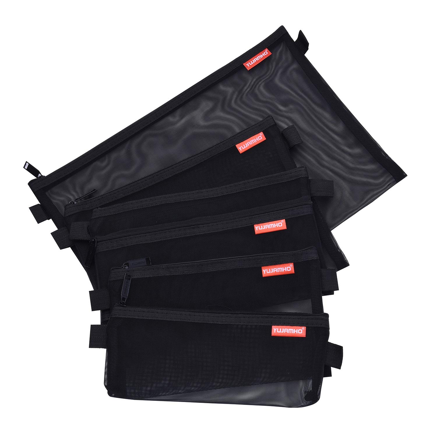 Pendancy Assorted Size Mesh Zip Wallet Nylon Ultra-Light Office Travel Pouch Zipper Bag 5 Pcs (Black, Assorted)