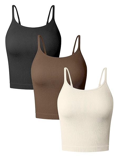 OQQ WOMEN’S 3 PIECE TANK SHIRT RIBBED ADJUSTABLE SPAGHETTI STRIPS WORKOUT YOGA CROP, BLACK COFFEE BEIGE, LARGE