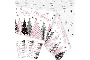 Ganeen 3 Pcs Christmas Tablecloth Disposable Plastic Merry Christmas Table Cloth Xmas Trees Buffalo Plaid Pink Black Rectangle Table Cover Waterproof for Xmas Holiday Picnic Party Decor, 54 x 108 Inch