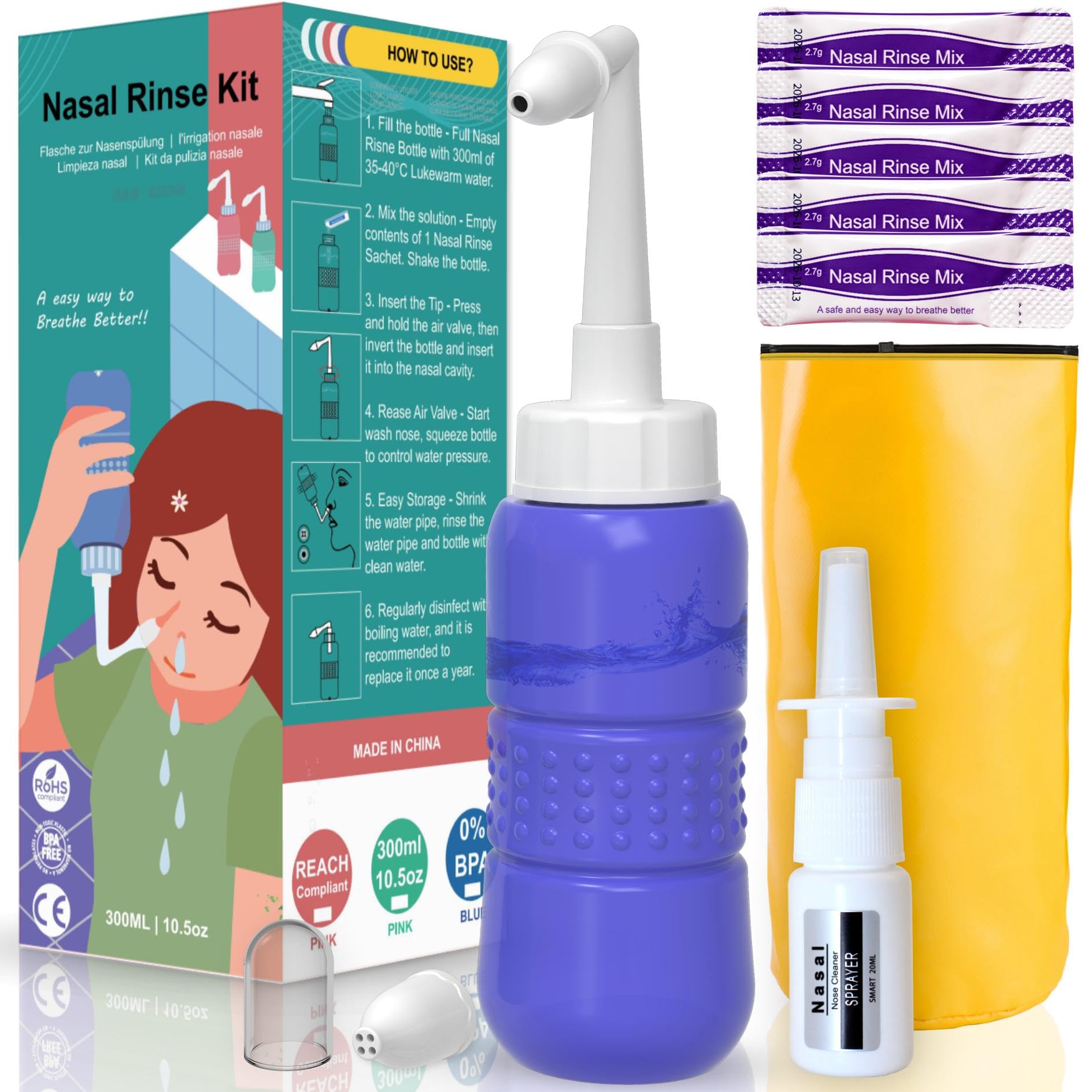 TONELIFE Sinus Rinse Kit 300ml+5Packets Nasal Salt -Nasal Wash Saline Packet Refills-Nose Cleaner-Neti Pot with Powdered Saline Convenient Packets for Adult Kids Nose Clean,Blue