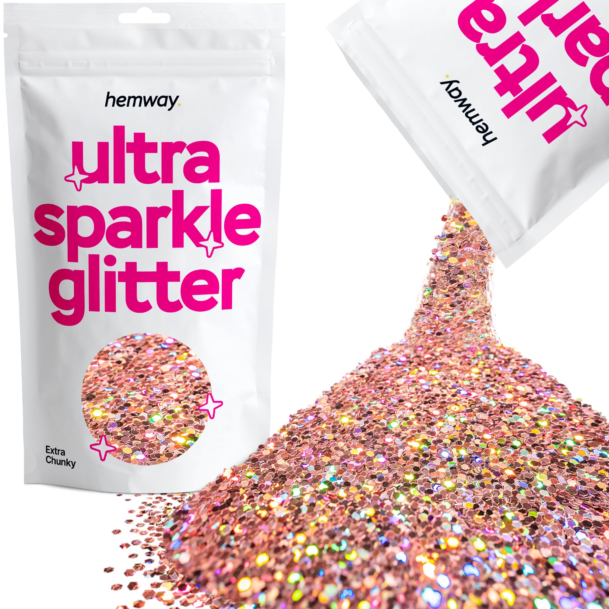 Hemway Ultra Sparkle Glitter Rose Gold Holographic 100g Extra Chunky | Glitter for Arts & Craft, Makeup, Nail Art, Crafting, Card Making, Sparkle Decoration