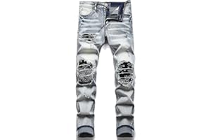 OIIIO Men's Patch Ripped Stretch Regular Fit Jean