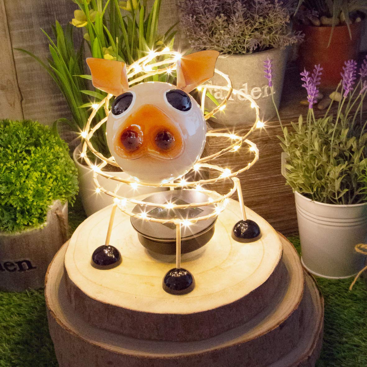 GardenKraft 14800 Solar Powered Light Up Pig Garden Feature / 62 Micro LED’s / 4D Moving Effect / Unique Metal Garden Ornament / Auto-On Feature / Weatherproof Material / Pink Colour — image 1
