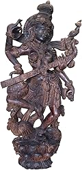 Goddess Sarawati Playing Veena Wood Carved Statue Home Interior