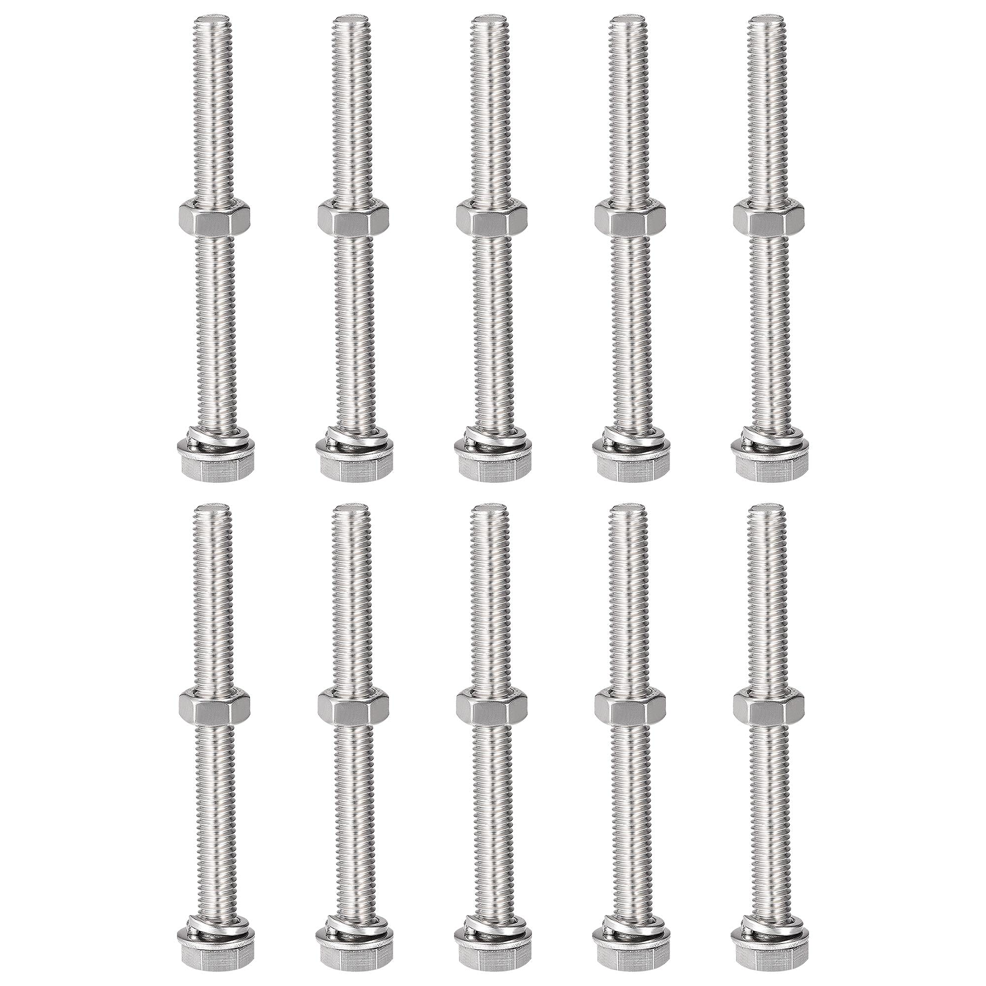 sourcing map M8 x 80mm Hex Head Screws Bolts, Nuts, Flat & Lock Washers Kits, 304 Stainless Steel Fully Thread Hexagon Bolts 10 Sets โ image 1