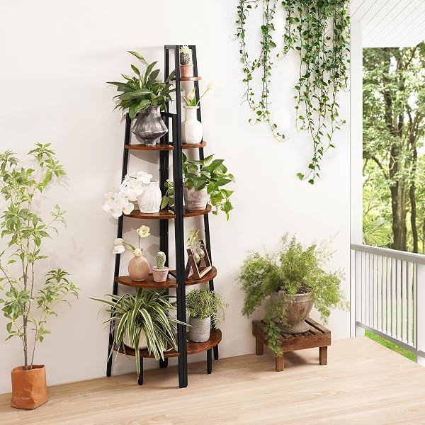 YOOBURE CORNER SHELF, 5-TIER CORNER BOOKSHELF WITH METAL FRAME & WOOD LADDER SHELVES – DISPLAY SHELF & TALL BOOKCASE, PLANT STAND FOR HOME DECOR – BEDROOM, LIVING ROOM, OFFICE