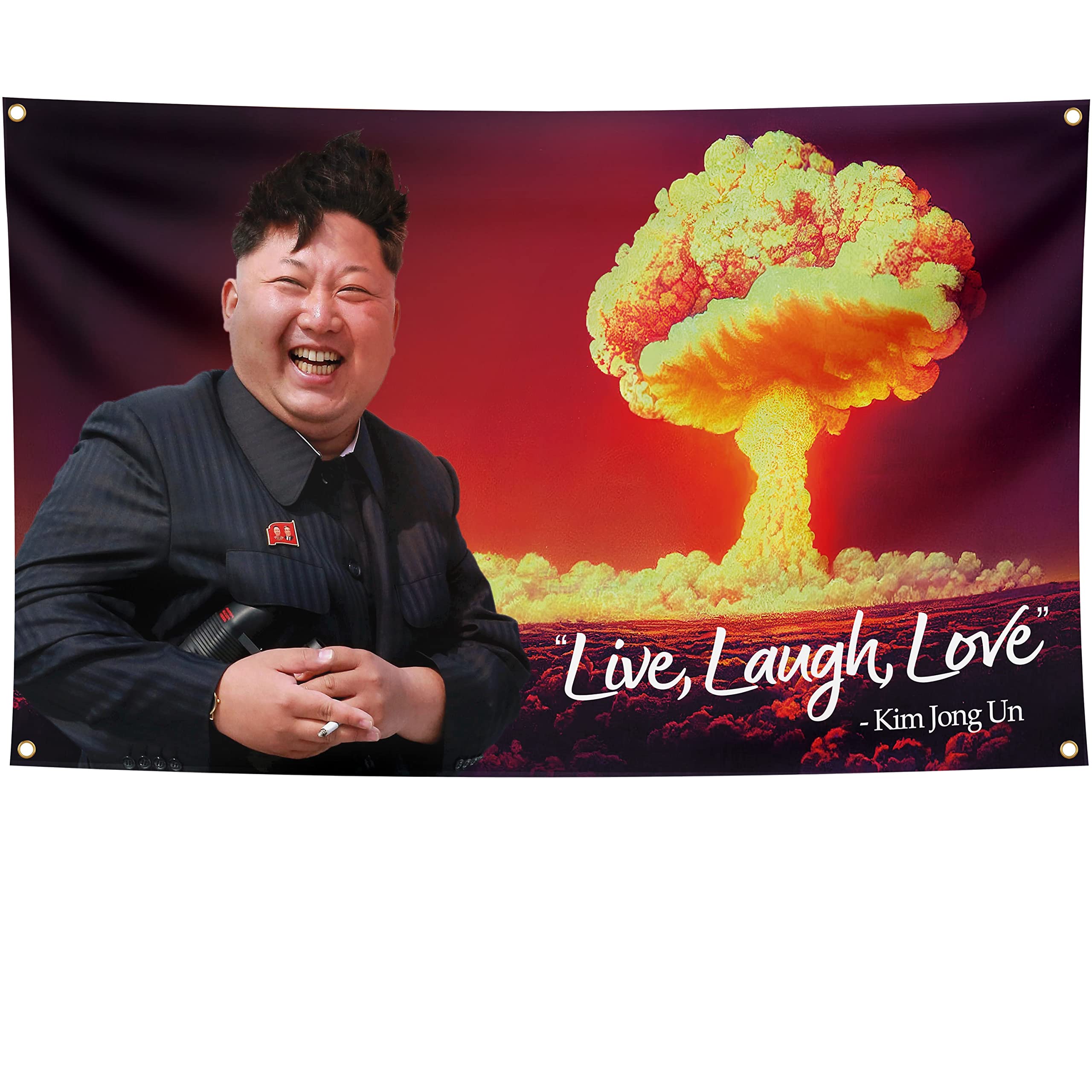 Kim Jong Un Live Laugh Love Flag (5ft x 3ft) – Funny Meme Flag for Bedroom or College Dorm – Nuclear Explosion Backdrop Banner with 4 brass holes – Digital Print - Double Seam