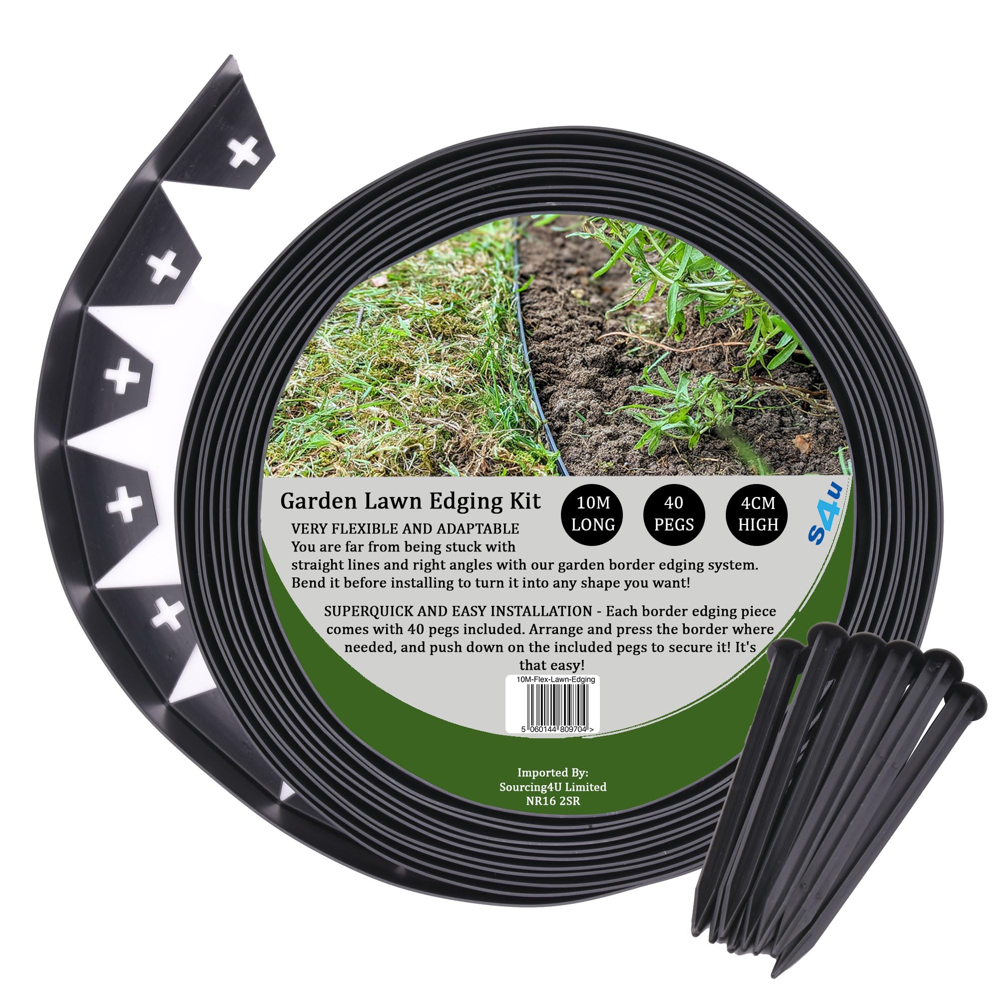 Flexible Lawn Edging Garden Edging Border with Heavy-Duty Ground Stakes 32ft | 10M Black 4CM High Flexible Flower Bed Lawn Edging Border, Plastic Pegs, Professional Landscape Divider Weather Resistant