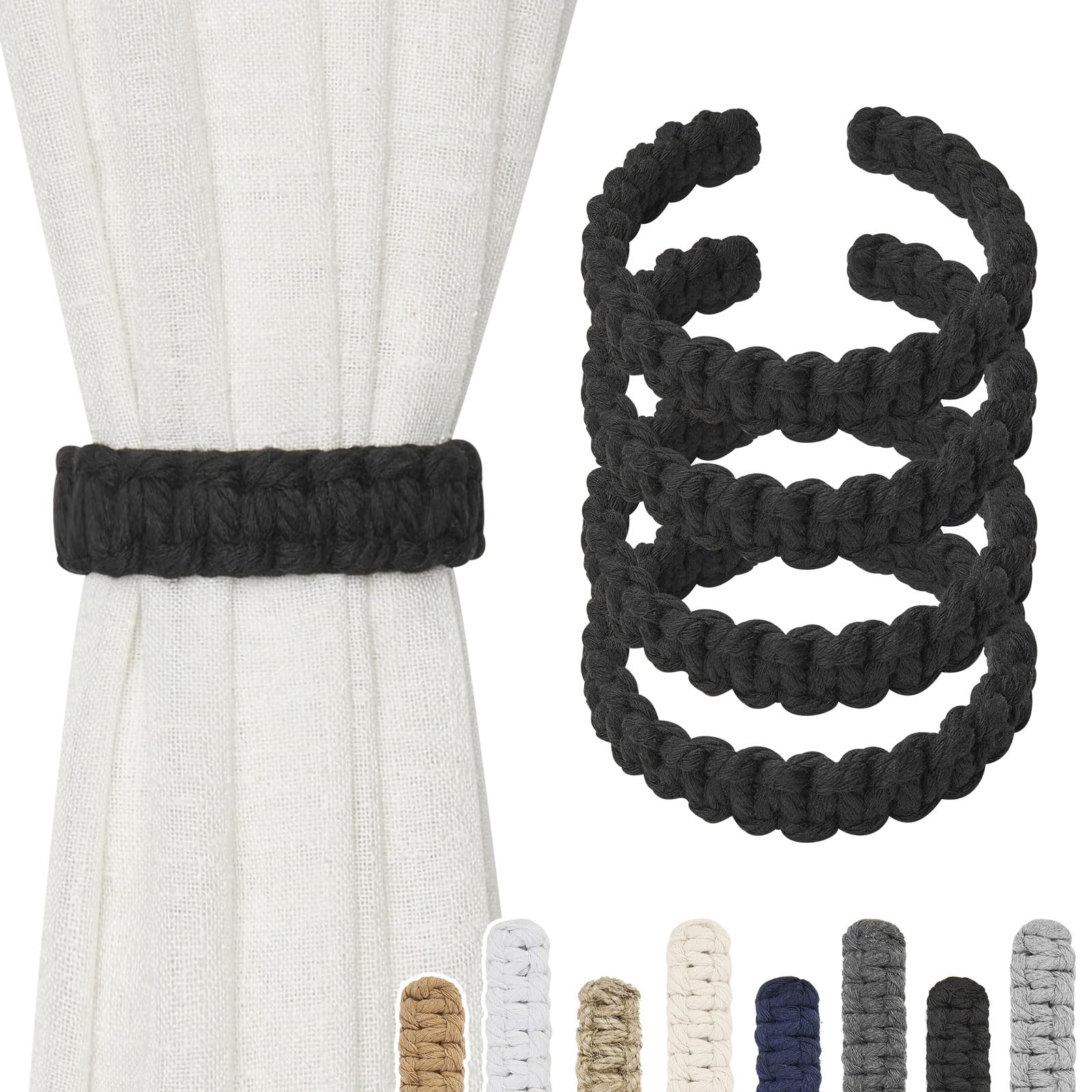 Pretty Jolly 4 Pack Natural Cotton Rope Curtain Tiebacks Farmhouse Rustic Style Decorative Drape Tie Backs Handmade Braided Curtain Holdbacks for Home Sheer/Light Weight Drapery (C-Black-S)