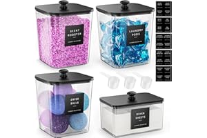 MOFOROCO 4 Pack Laundry Pods Container, Clear Laundry Room Organization Containers,Large Laundry Detergent Powder Storage Containers Black Wooden Lids & Labels, Acrylic Laundry Pods Holder for Scent Booster