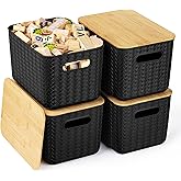 Ohmlove 4 Packs Storage Bins with Bamboo Lids - Plastic Storage Containers with Lids Stackable Storage Box: Storages Baskets for Organizing Desktop Closet Playroom Classroom Office, Black
