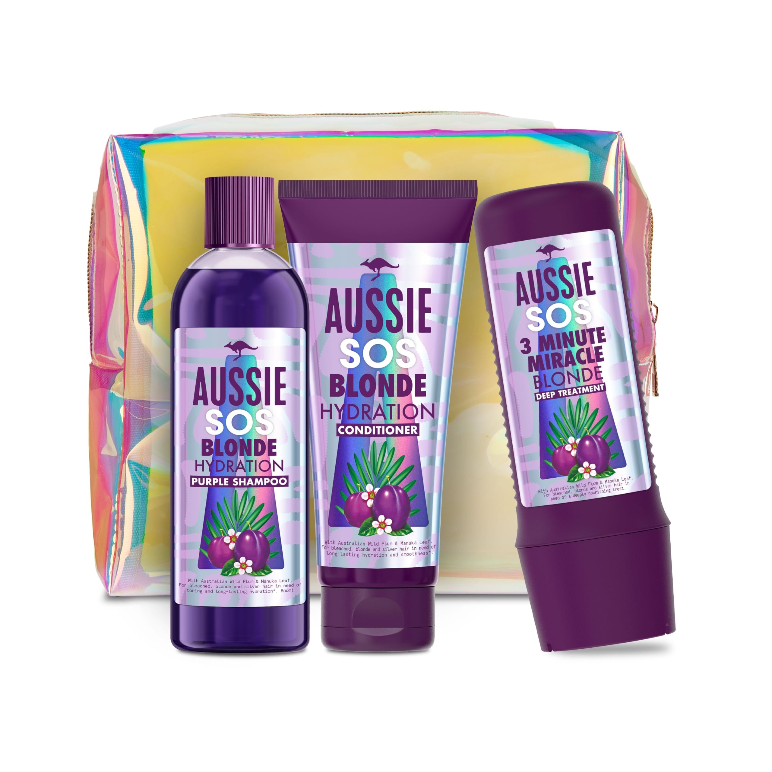 Aussie Blonde Gift Bag, Purple Shampoo Womens Gift Sets - Shampoo and Conditioner Set + 3 Minute Miracle Hair Mask, Hair Care Gift Set with Make Up Bag For Blonde or Silver Hair 225ml/200ml/290ml