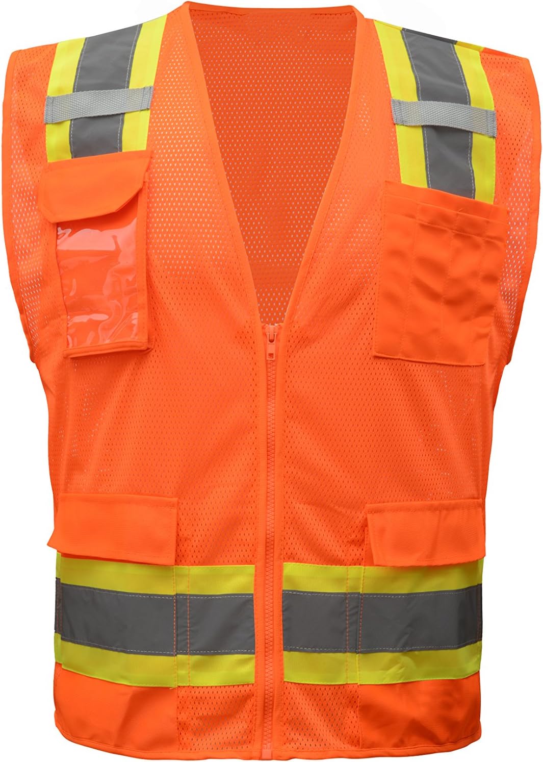 CJ Safety CJHVSV2009 ANSI Class 2 High Visibility Two Tone Mesh Safety Vest - Multi Pockets (Large, Orange)