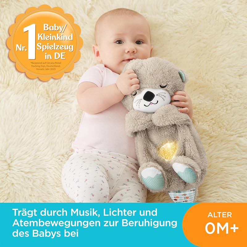 Schlummer Otter Kuscheltier mit Atembewegung und Musik, Baby Erstausstattung, Neugeborene, Baby Spielzeug ab Geburt, Babyparty und Neugeborenen Geschenk, FXC66