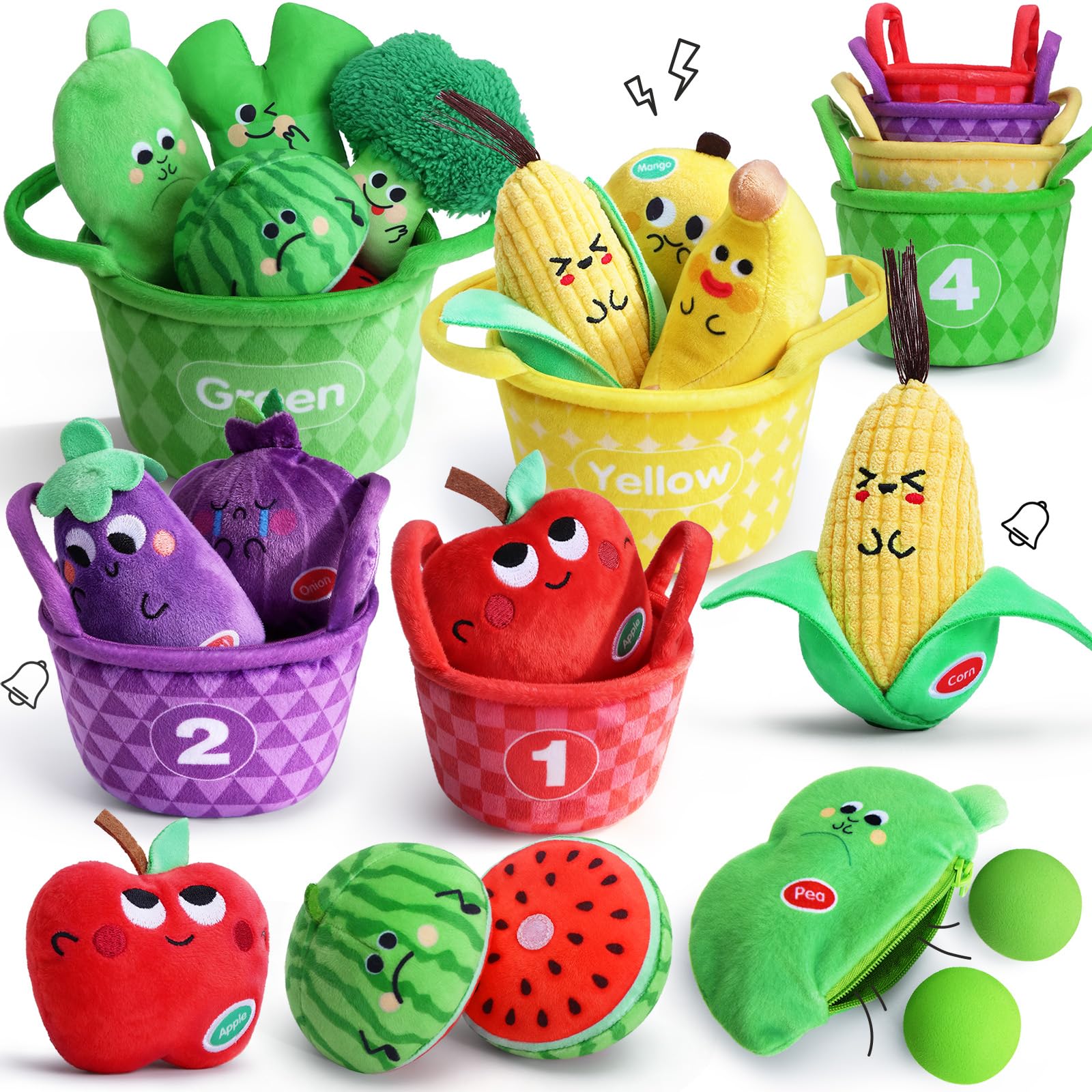 My First Fruit Vegetable Basket, 10 PCS Play Food for Toddler with Sorting Basket, Soft Plush Stuffed Toys with Crinkle, Rattle, Baby Sensory Toys, Sorting Matching Playset for Boys and Girls