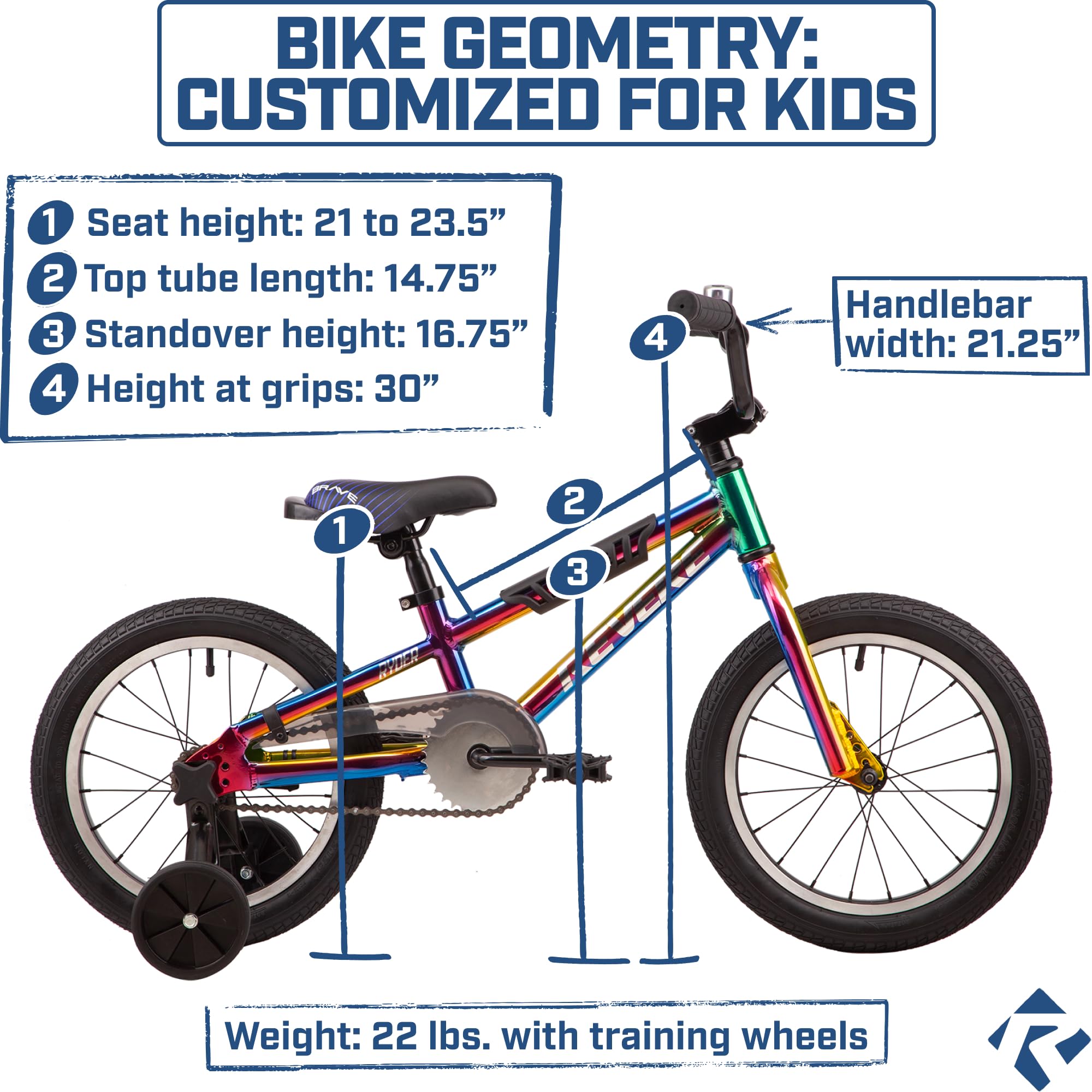Revere16 Freestyle BMX Kids Bike for Boys and Girls. Lightweight Aluminum Frame and Fork. Tool-Less Quick Release Training Wheels. Easy to Ride! (Oil Slick)