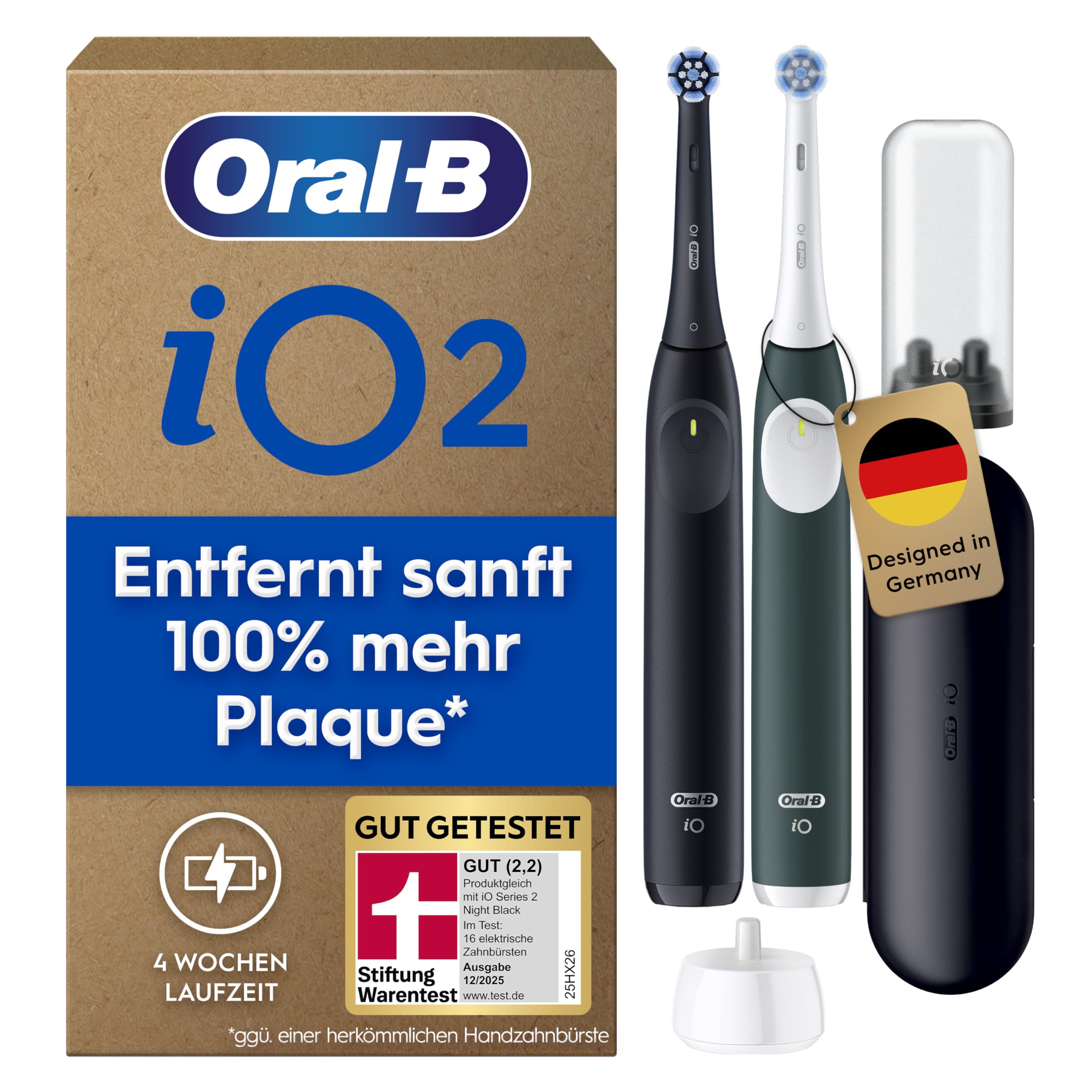 Oral-B iO Series 2 Elektrische Zahnbürste — Doppelpack — Electric Toothbrush, Inkl. 2 Aufsteckbürsten, Reise-Etui — 3 Putzmodi für Zahnpflege, GUT GETESTET (2,2) von STIFTUNG WARENTEST, Schwarz/Grün