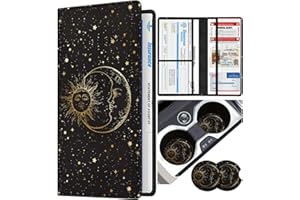 Slohif Car Registration and Insurance Card Holder with Magnetic Shut - Vehicle Glove Box Organizer Women Leather Automobile License Holders Coasters Auto Accessories Case for Document Moon Sun Black