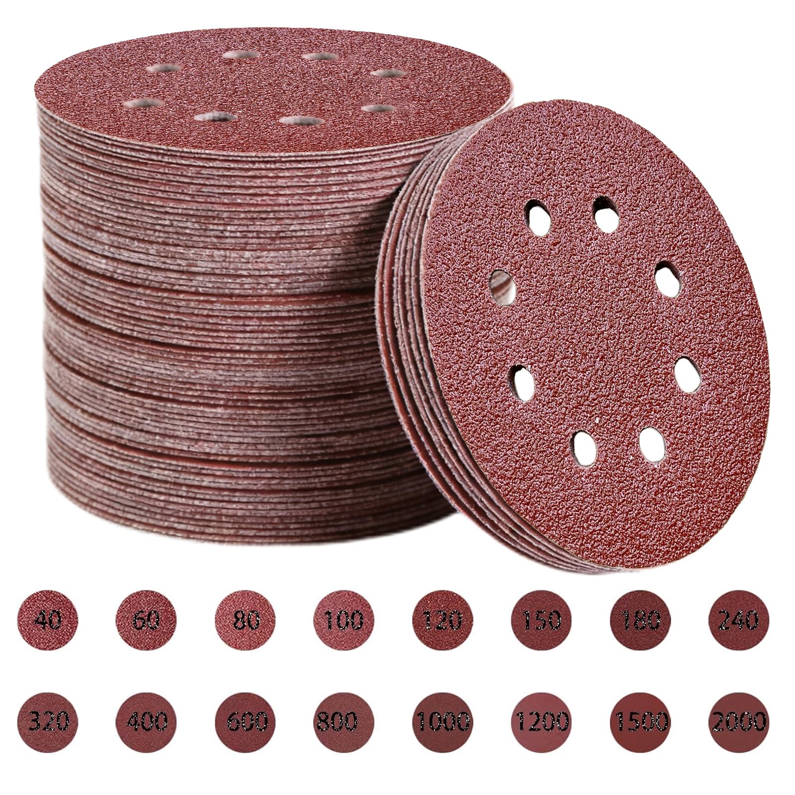 Toowood 200pcs 125mm Sanding Discs, 8-Hole Dustless Hook & Loop sand paper, 40-2000 Multi-Grit Professional Abrasive Discs for Orbital Sander, Woodworking and Auto Body Refinishing — image 1