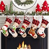 Christmas Stockings 5 Pack, 18'' Large Christmas Stockings with Santa Snowman Gnomes Pattern,Classic Buffalo Plaid Cuff,Xmas Ornaments for Family Stairs Fireplace Tree Hanging
