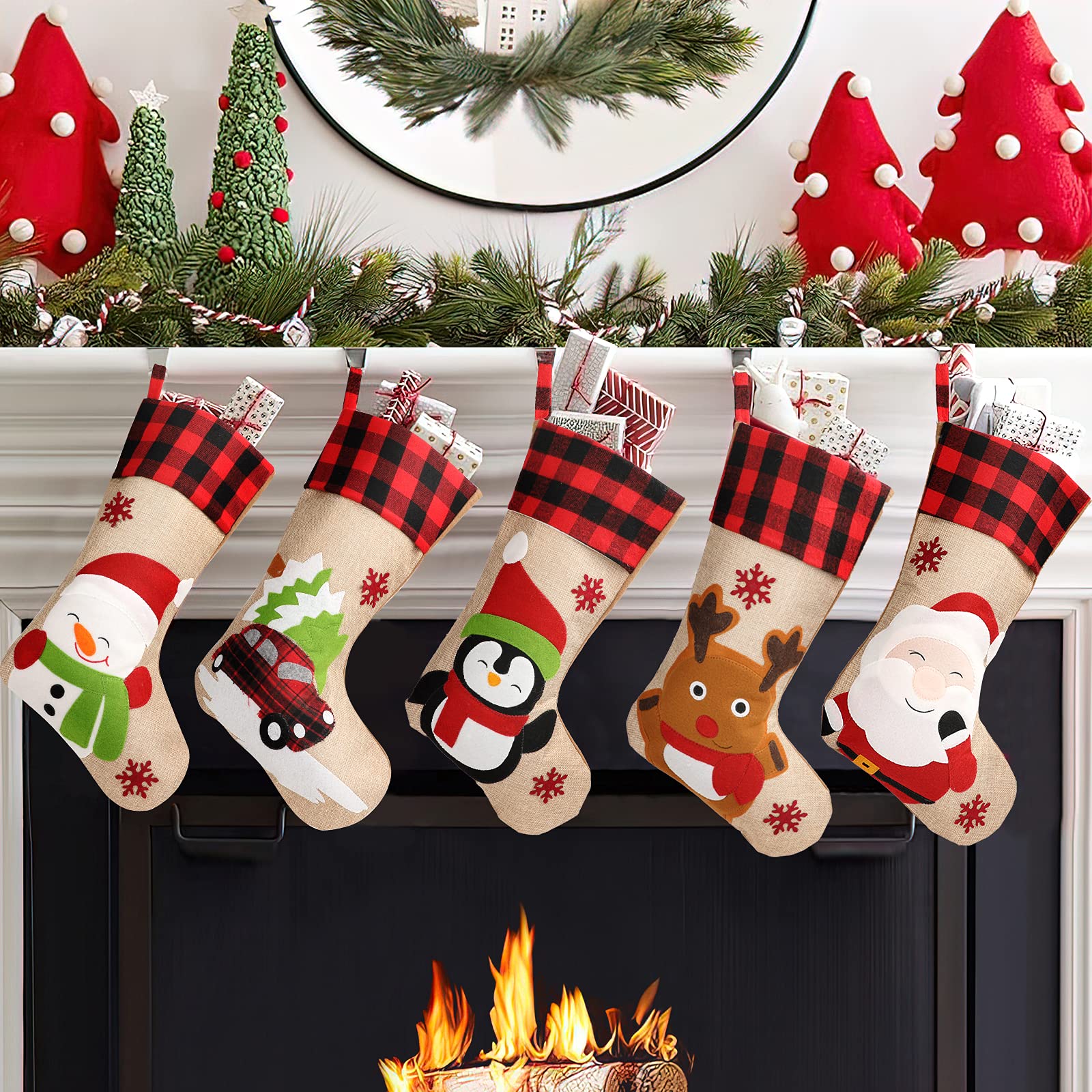 Photo 1 of **4 PCS**Christmas Stockings 5 Pack, 18'' Large Christmas Stockings with Santa Snowman Gnomes Pattern,Classic Buffalo Plaid Cuff,Xmas Ornaments for Family Stairs Fireplace Tree Hanging