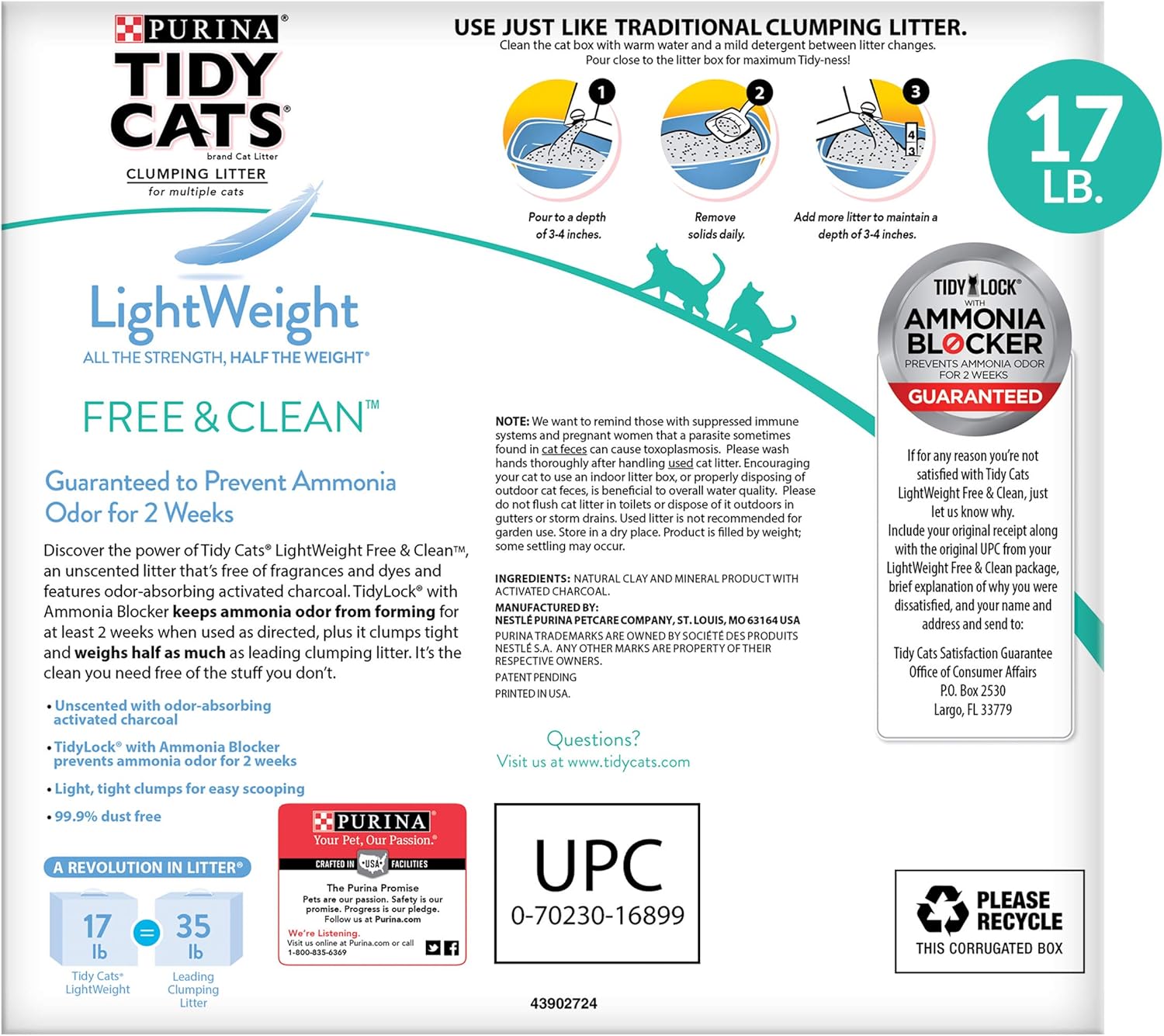 Purina Tidy Cats Light Weight, Low Dust, Clumping Cat Litter, LightWeight Free & Clean Unscented, Multi Cat Litter - 17 lb. Box : Pet Supplies
