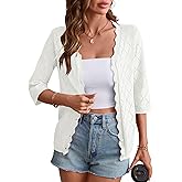Rapbin Cardigans for Women Lightweight 3/4 Sleeve Crochet Textured Shrug for Dresses Open Front V Neck Button Down Top