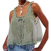 Lace Trim Tank Top for Women Y2K Scoop Neck Sleeveless Front Tie Button Down Crop Shirt Summer Going Out Vest Tops