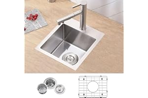 VC CUCINE VCCUCINE Drop in Bar Sink, 15x15 Inch Topmount RV Small Kitchen Sink, Handmade Stainless Steel Wet Bar Sink, Outdoor Single Bowl, Brushed Nickel Prep Sink with Accessories