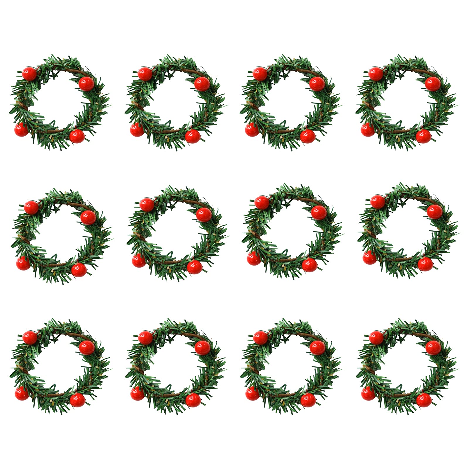 Gukasxi 12 Pieces Christmas Candle Rings Wreath 1.57'' Mini Christmas Wreath Napkin Ring with Red Berry Artificial Wreath Candle Holder Rings for Rustic Wedding Centerpiece Christmas Table Decoration