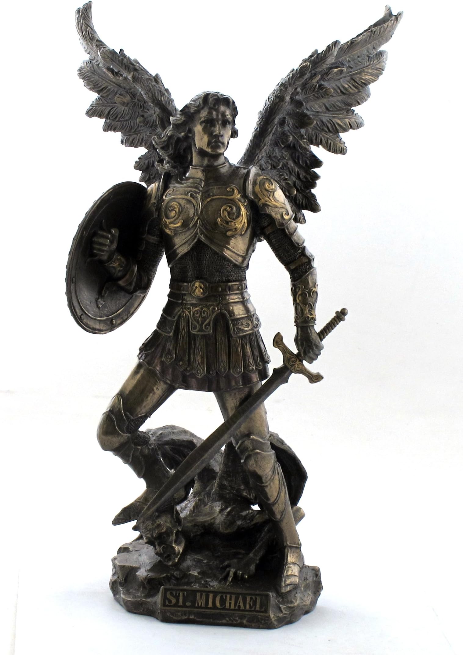St Michael Archangel W Sword & Shield Demon Figurine Statue Cold Cast Bronze