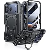 FNTCASE for iPhone 17 Pro Case: Magnetic Phone Cases with [Ring Kickstand] [Built-in Screen Protector] [Heavy Duty Military Grade Protection] Drop Protective Rugged Hard TPU Cell Phone Cover Black