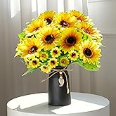 HEMYLU Artificial Sunflower Arrangement in Black Vase - 3 Bunches of Lifelike Sunflowers with Rustic Black Vase for Home Décor, Office, and Special Occasions
