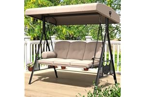 AECOJOY Outdoor Porch Swing, 3-Seat Patio Swings with Adjustable Canopy, Outside Swing for Adult with Black Removable Cushion