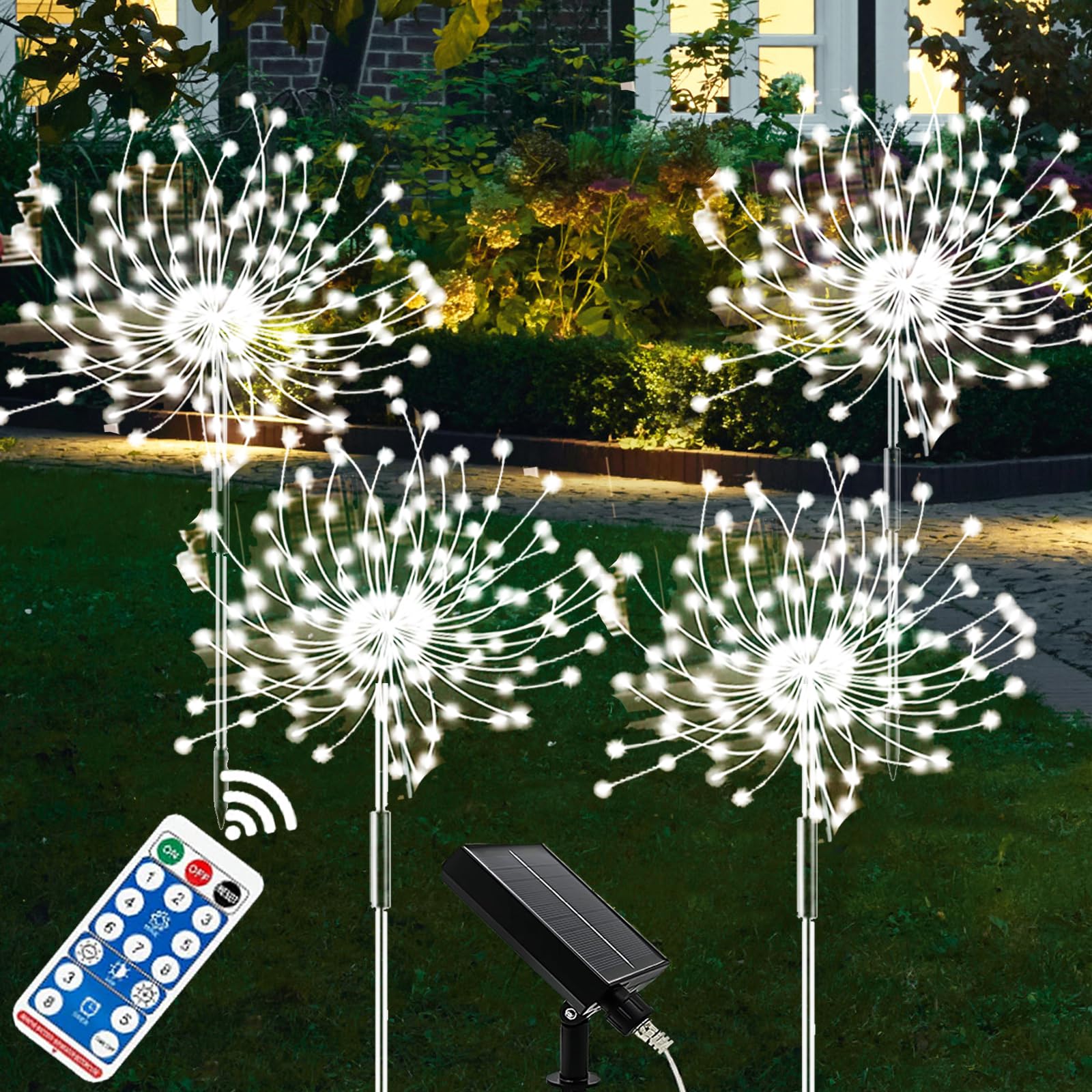 XRR Solar Lights for Garden, 4 Pieces 120 LED Solar Fireworks IP65 Waterproof 8 Modes Solar Light Outdoor LED for Garden Paths Patios Lawn Christmas Decoration (Cool White)
