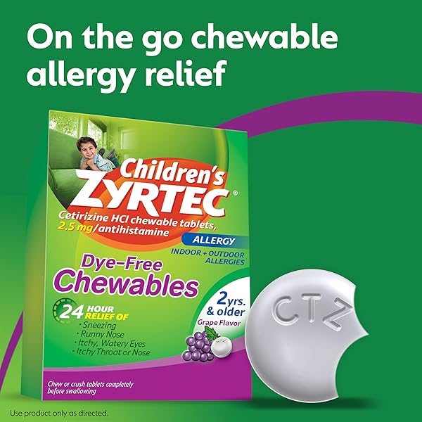 ZYRTEC CHILDREN’S DYE-FREE CHEWABLES FOR 24 HOUR ALLERGY RELIEF, 2.5 MG CETIRIZINE HCL ANTIHISTAMINE TABLETS, KIDS ALLERGY MEDICINE RELIEVES SNEEZING & ITCHY NOSE & THROAT, GRAPE, 24 CT