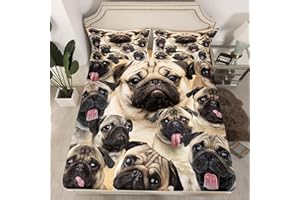 Pug Fitted Sheet Queen Size Cute Dog Bottom Sheet 3D Single Fitted Sheets, Ultra Soft Microfiber Deep Pockets 12-Inch Bedding