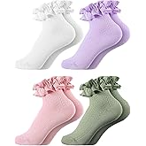Fourluoo 4Pairs Girls Ruffle Socks Ankle Dress Socks White Lace Trim Bowknot Cotton Frilly Girl Colored Sock for Toddler Kids