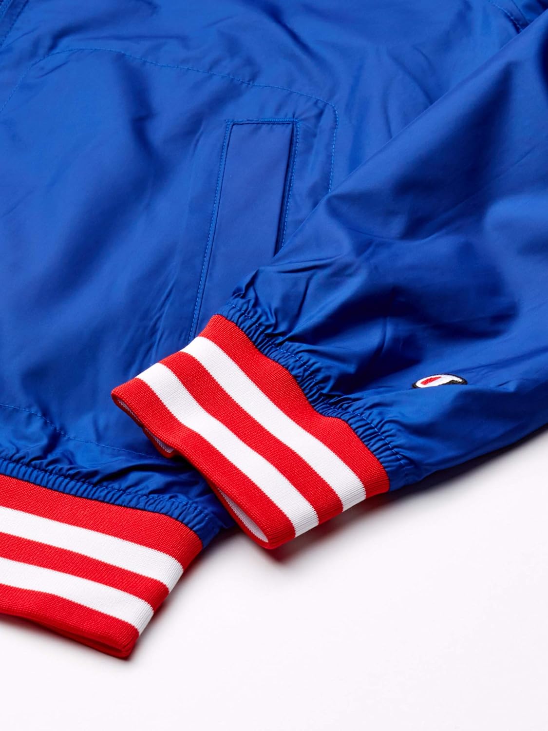Champion LIFE Men's Satin Baseball Jacket-Left Chest Script, Surf The Web/Scarlet: Clothing