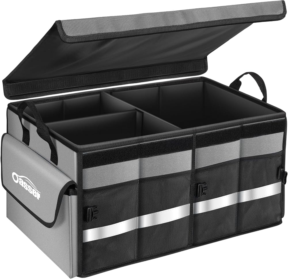 Oasser Car Boot Organiser Storage Collapsible with 3 Compartments Grey