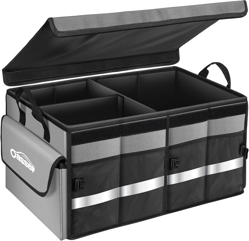 Oasser Car Boot Organiser Storage Collapsible with 3 Compartments Grey